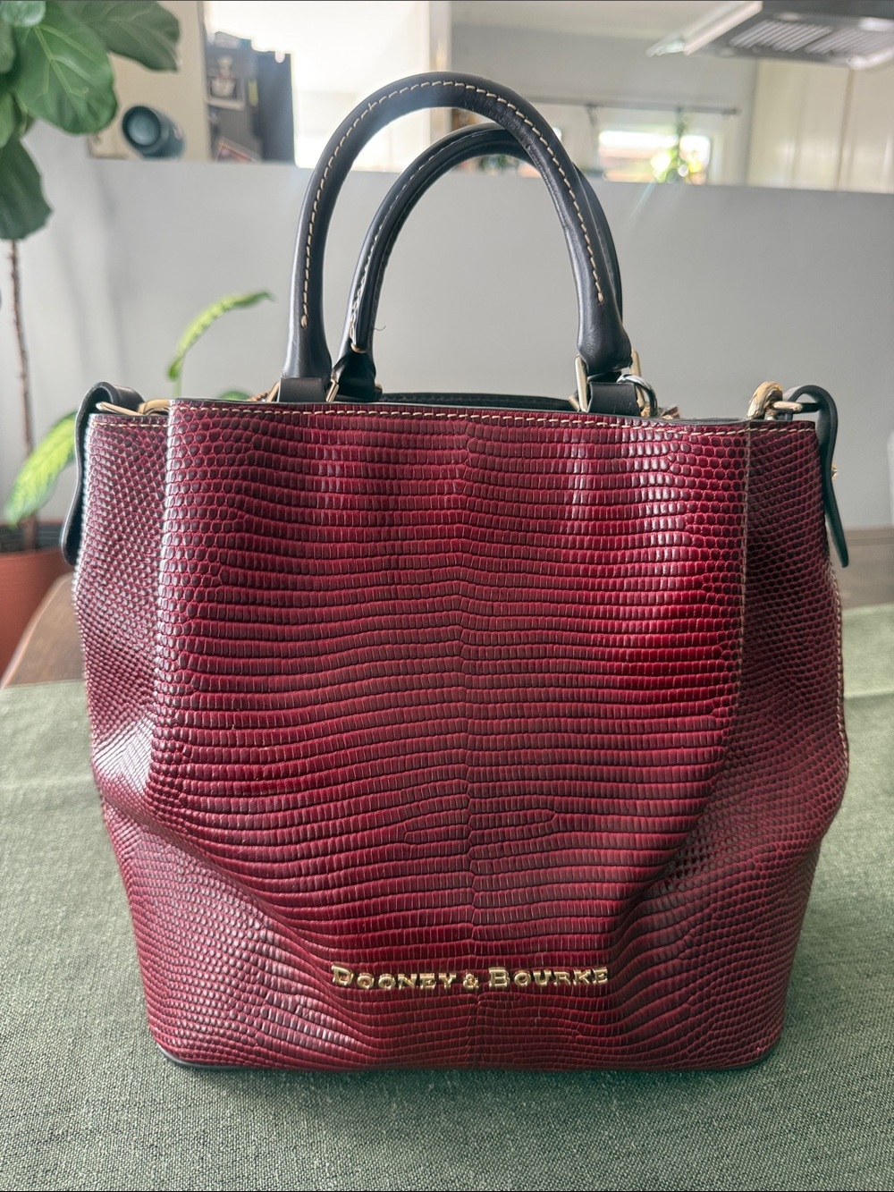Dooney & Bourke Wine Lizard-Embossed Leather Tote with Black Handles